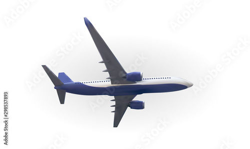 Naturalistic airliner flying on White background. Side view from the bottom. ...