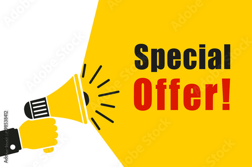 Special offer, promotion with loudspeaker, advertising marketing concept, hand holding megaphone - stock vector