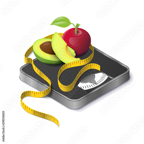Avocado, apple and measure tape on weight scale isometric realistic. Concept fitness weight lose and diet