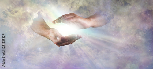 Canvas Print Let there Be Light Divine Concept -  God's hands emerging from beautiful clouds,