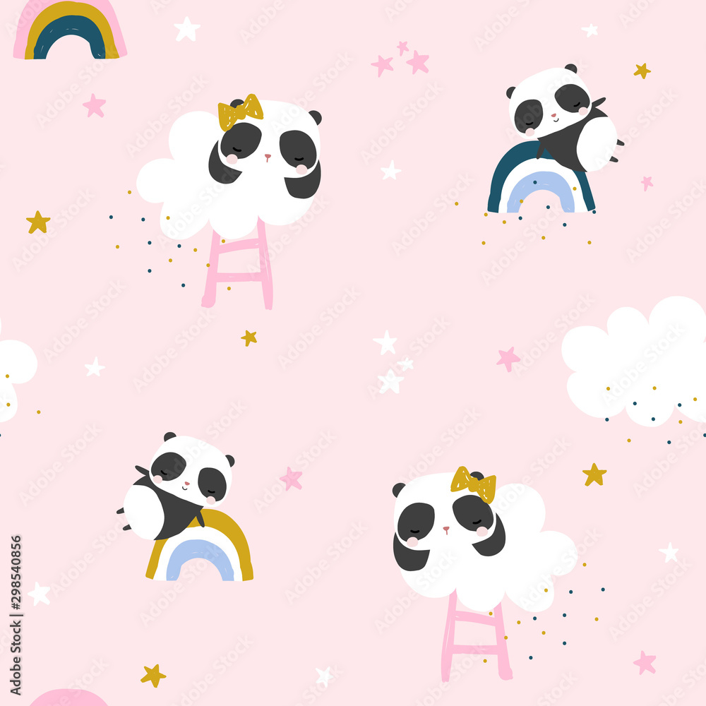 Obraz premium Cute little panda, rainbow and clouds seamless pattern. Childish trendy print. Vector hand drawn illustration.
