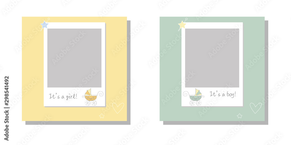 It's a boy it's a girl Vector greeting card. Baby announcement card design with stroller. Cute frame border. Frames set for baby's photo album, invitation, note book or postcard It's a boy it's a girl Vector greeting card. Baby announcement card design with stroller. Cute frame border. Frames set for baby's photo album, invitation, note book or postcard