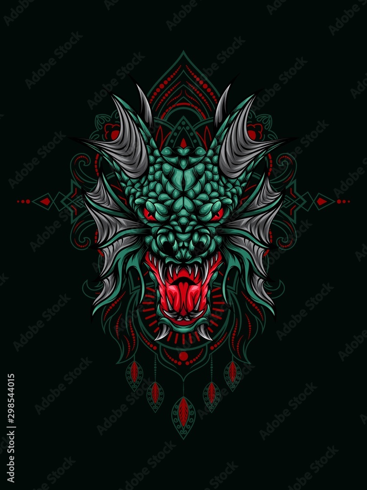 Sea dragon head vector illustration with mandala as the background ornament, suitable for apparel merchandise, t-shirt or outerwear. Sea dragon head vector illustration with mandala as the background ornament, suitable for apparel merchandise, t-shirt or outerwear.