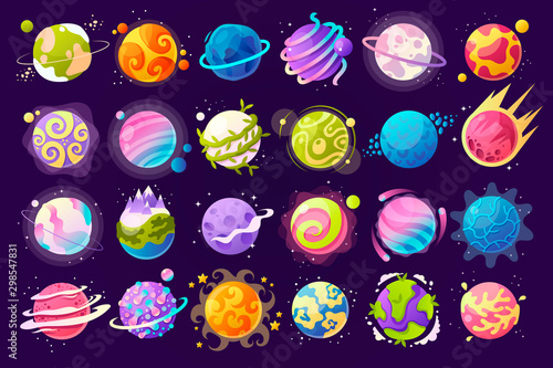 Vector set of cartoon planets. Colorful set of isolated objects. Space background. Fantasy planets. Colorful universe. Game design.  EPS 10 photo