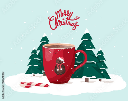 Merry Christmas Card. Red Mug with Hot Chocolate Cocoa, christmas tree, bear. Perfect for banner, greeting card, apparel and label design. Vector illustration
