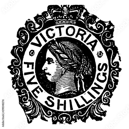 Victoria Five Shillings Stamp from 1868 to 1878, vintage illustration.