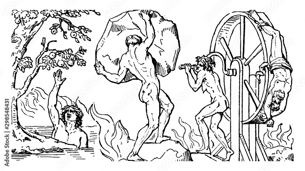 Tantalus, Sisyphus, and Ixion vintage illustration. Stock-Vektorgrafik