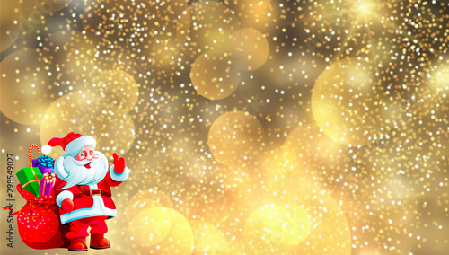 Near the end of the New Year's Eve christmas festival holiday,the picture shows a Santa Claus carrying a red gift bag and a golden background texture.