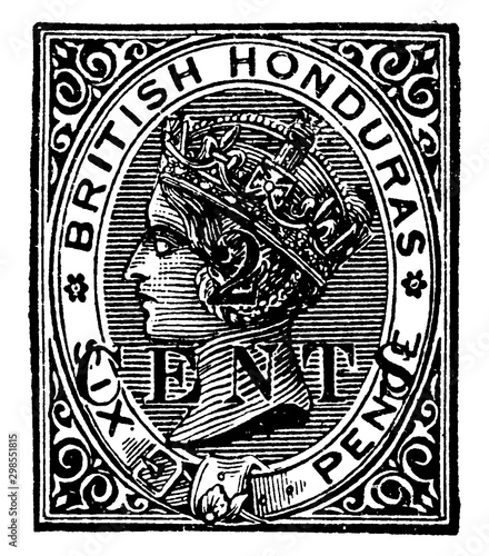 British Honduras Six Pence Stamp in 1888, vintage illustration.