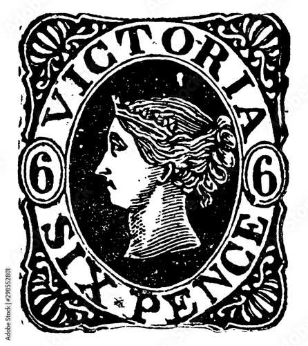 Victoria Six Pence Stamp from 1862 to 1863, vintage illustration.