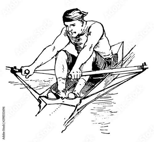 A Man rowing boat vintage illustration.
