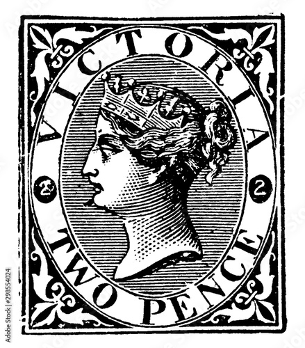 Victoria Two Pence Stamp from 1870 to 1878, vintage illustration.