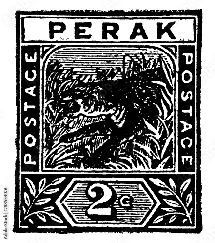 Straits Settlements 2 Cents Stamp in 1892, vintage illustration.