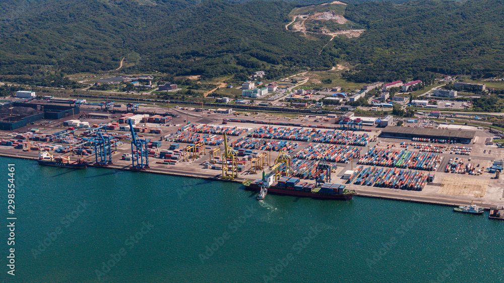 Nakhodka, Russia-August 2019: container terminals in Nakhodka port. port Nakhodka in Russia, coal, oil, containers, wood and metals