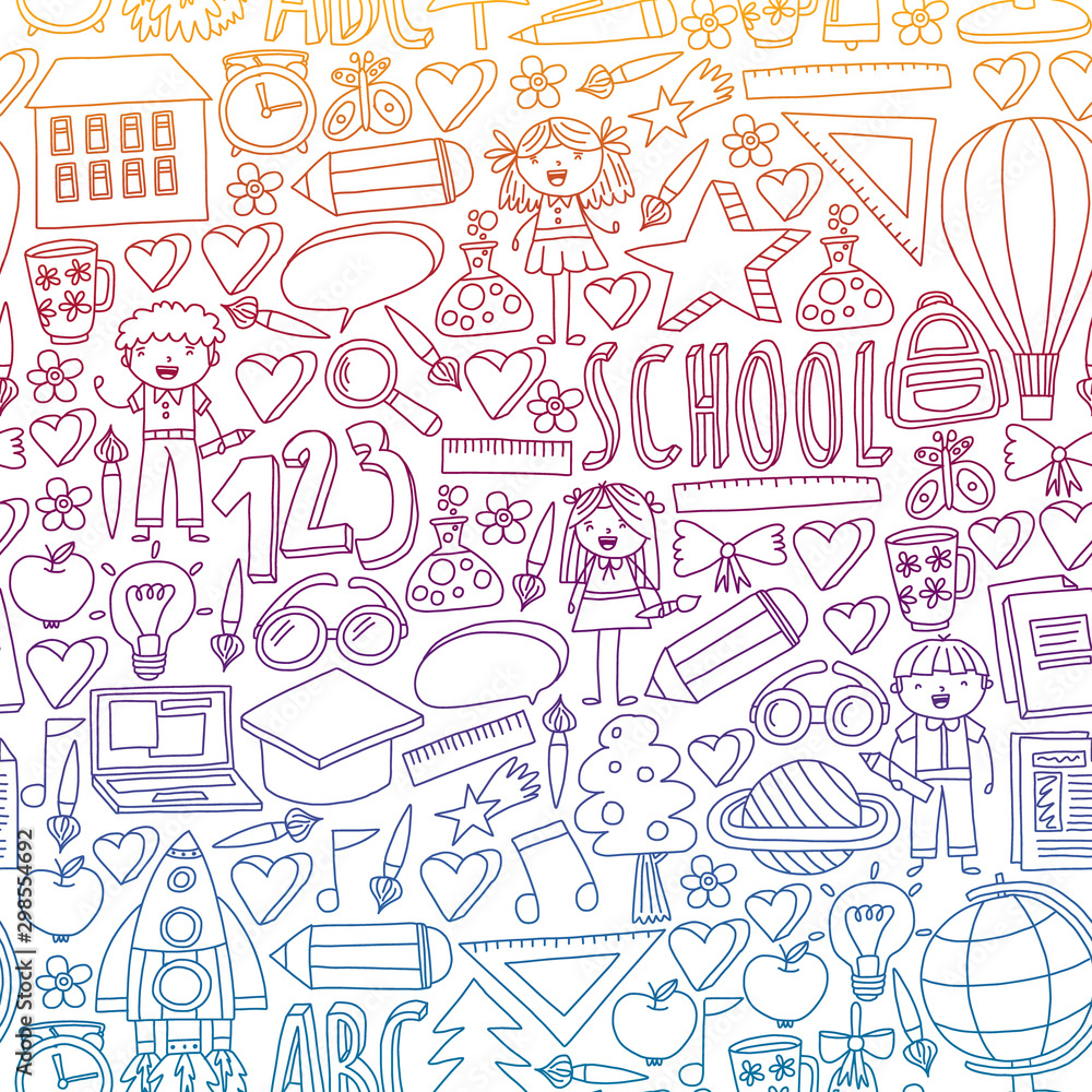 Seamless vector set of Back to School icons in doodle style. Painted, colorful, pictures on a piece of paper on white background. Seamless vector set of Back to School icons in doodle style. Painted, colorful, pictures on a piece of paper on white background.