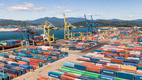Nakhodka, Russia-August 2019: container terminals in Nakhodka port. port Nakhodka in Russia, coal, oil, containers, wood and metals