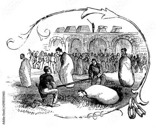 Hurdle Sack Race vintage illustration.