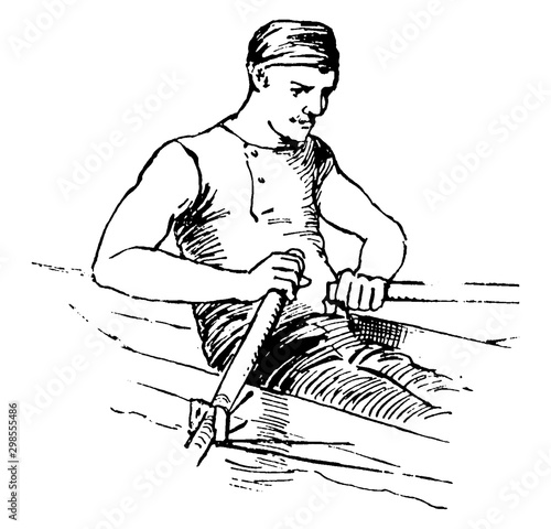 A Man rowing boat vintage illustration.