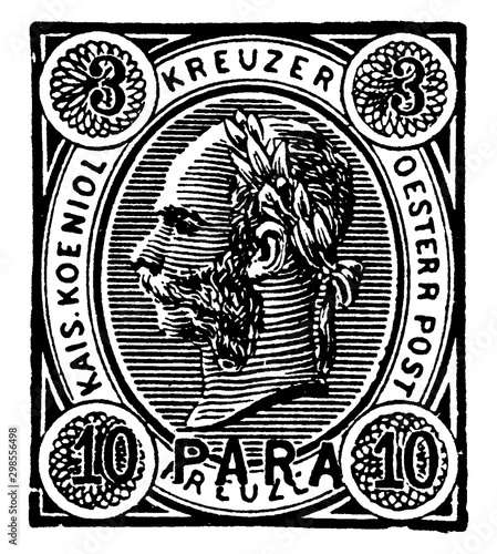 Austria 3 Kreuzer 10 Para Stamp in 1890, vintage illustration.