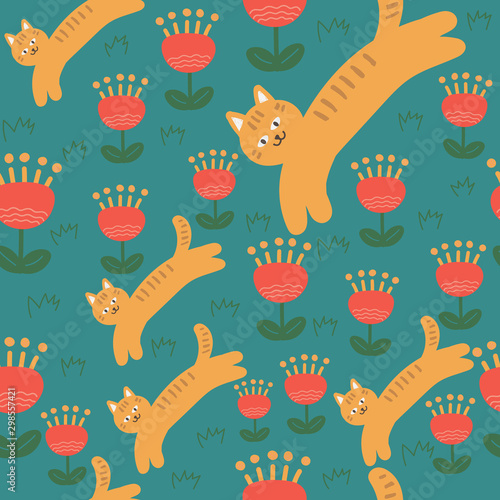 Fototapeta Naklejka Na Ścianę i Meble -  Cats and Flowers, vector seamless pattern