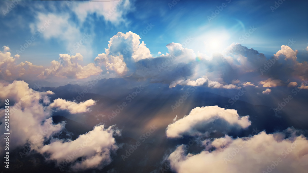 Flying through heavenly beautiful sunny cloudscape. Amazing of golden ...