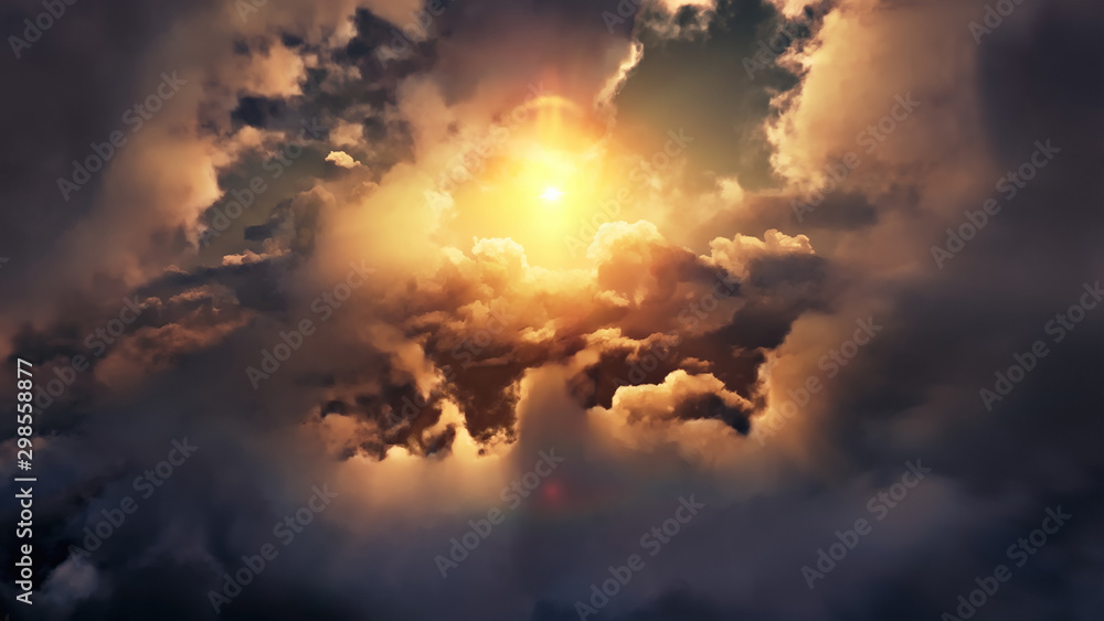 Flying through picturesque sunny cloudscape. Amazing of soft golden clouds moving in pure sunshine and the sun glowing through the clouds with beautiful rays and lens flare.