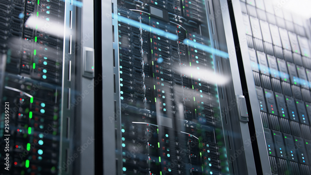 Camera moving in data center along the racks with server equipment, close up view. Seamlessly looped photorealistic 3D render animation. Camera moving in data center along the racks with server equipment, close up view. Seamlessly looped photorealistic 3D render animation.