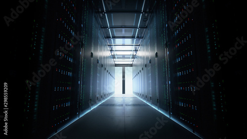 Camera slowly moving along the narrow corridor in data center with server equipment on both sides  the lights gradually turning off until total darkness. Photorealistic 3D render animation.