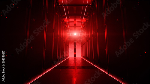 Camera moving along the corridor in data center with server equipment, the lights turning off until total darkness, then red light suddenly lights up in danger. Photorealistic 3D render animation.