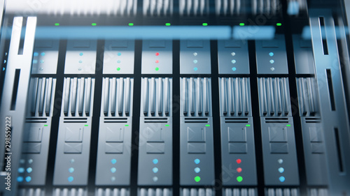 Camera slowly moving in data center showing server equipment with flickering light indicators, close up view. Seamlessly looped photorealistic 3D render animation.