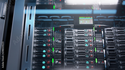 Camera slowly moving in data center showing server equipment with flickering light indicators, close up view. Seamlessly looped photorealistic 3D render animation.