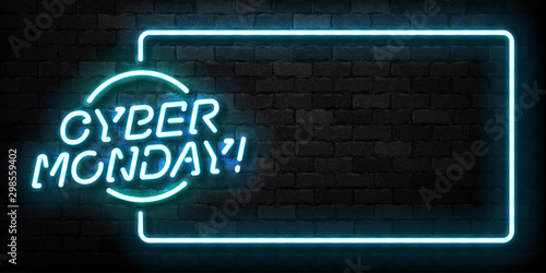 Vector realistic isolated neon sign of Cyber Monday frame logo for template decoration and covering on the wall background. Concept of electronics market, sale and discount.
