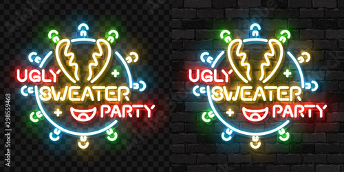 Vector realistic isolated neon sign of Ugly Sweater Party logo for decoration and covering on the wall and transparent background. Concept of Merry Christmas and Happy New Year.