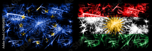 Eu, European union vs Kurdistan, Kurdish new year celebration sparkling fireworks flags concept background. Combination of two states flags.