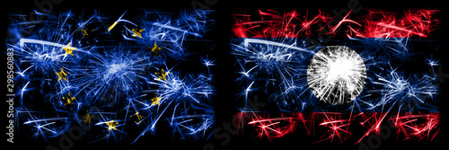 Eu, European union vs Laos new year celebration sparkling fireworks flags concept background. Combination of two states flags. photo