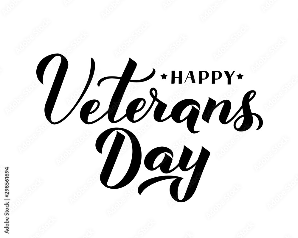 Fototapeta premium Happy Veterans Day calligraphy hand lettering isolated on white. American holiday typography poster. Easy to edit vector template for, banner, flyer, sticker, greeting card, postcard, t-short, etc.
