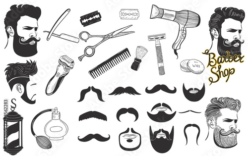 Set of signs and icons for barbershop isolated on a white background. Vector graphics.