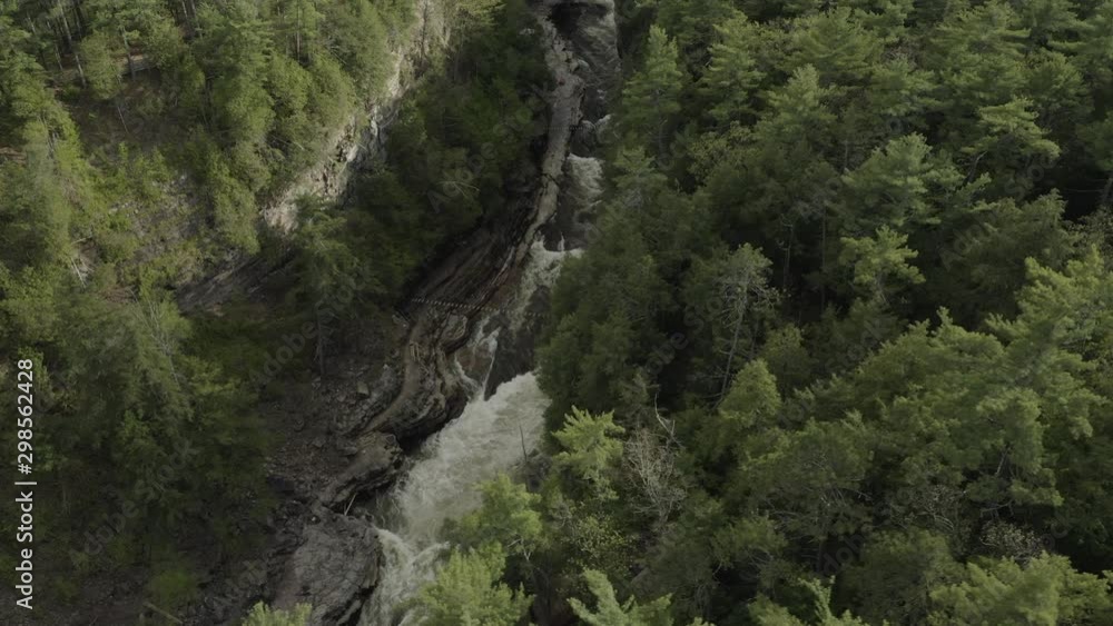 Drone shot flying to the left and panning down, revealing water going through a canyon with trees on both sides. Drone shot flying to the left and panning down, revealing water going through a canyon with trees on both sides.