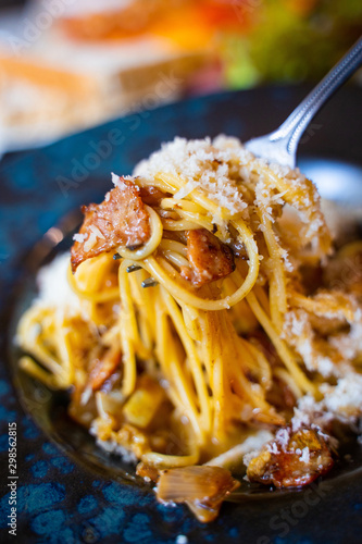 spaghetti carbonara with permesan cheese photo