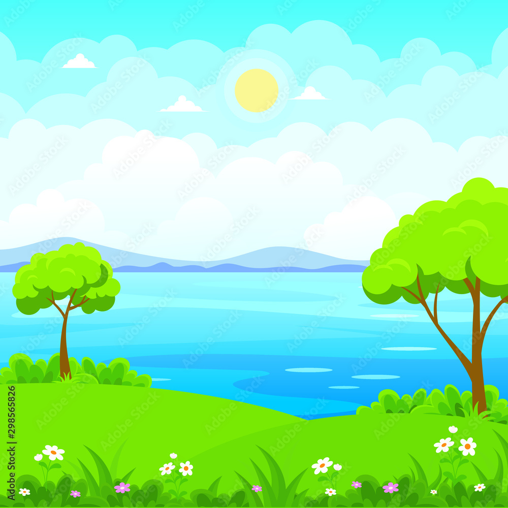 Nature Landscape Vector with lake, or sea view Illustration design, cute, lovely, adorable and scenery landscape design Nature Landscape Vector with lake, or sea view Illustration design, cute, lovely, adorable and scenery landscape design