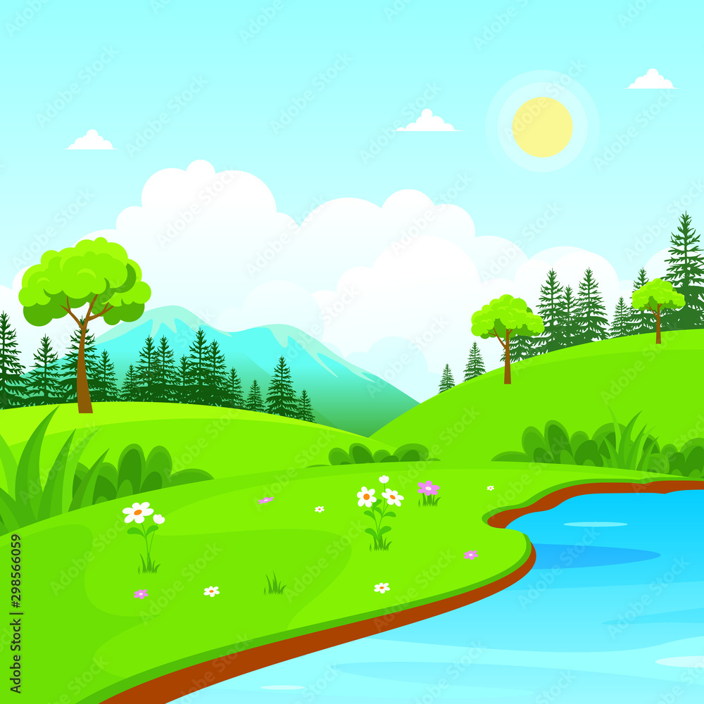 Obraz premium Nature Landscape Vector with lake, or sea view Illustration design, cute, lovely, adorable and scenery landscape design