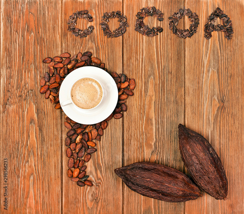 South America continent made of cocoa beans  the word  cocoa  made of cacao nibs  cup of cacao drink with cocoa pods on wooden background. Top view.