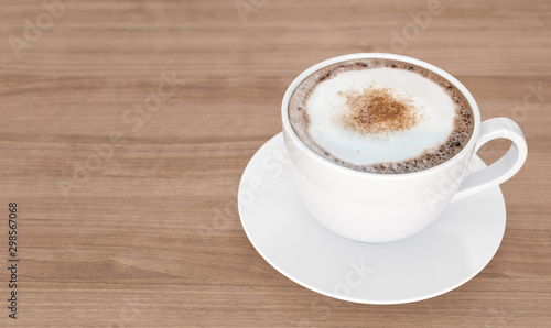 Top view coffee cup on wooden table background, 3d rendering