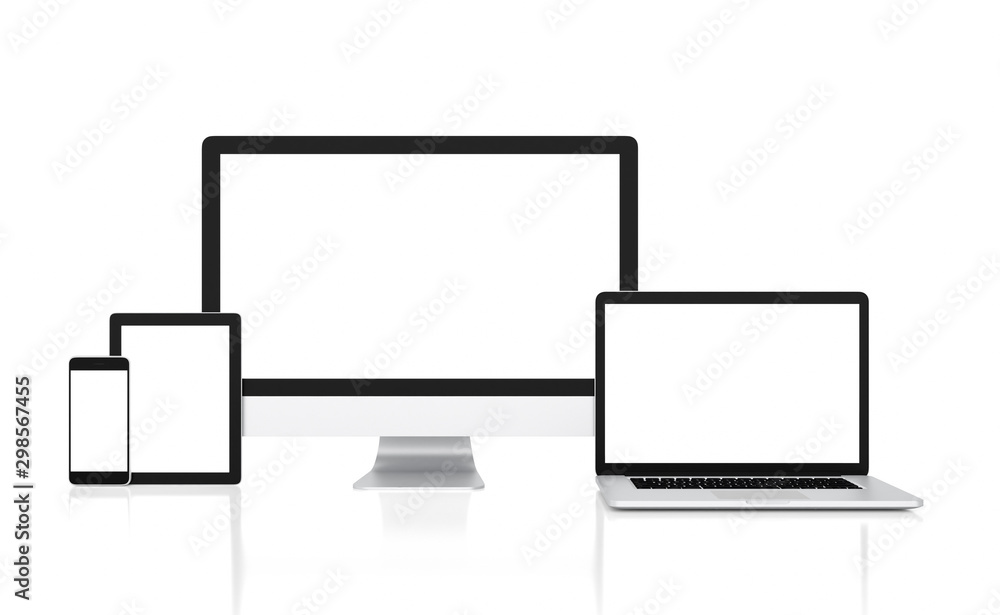 Computer, laptop, tablet and smartphone with blank screen isolated on white background, clipping path, 3d rendering Computer, laptop, tablet and smartphone with blank screen isolated on white background, clipping path, 3d rendering