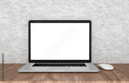 Laptop with blank screen on wooden table and cement background, 3d rendering