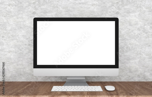 Computer with blank screen on wooden table and cement background, 3d rendering