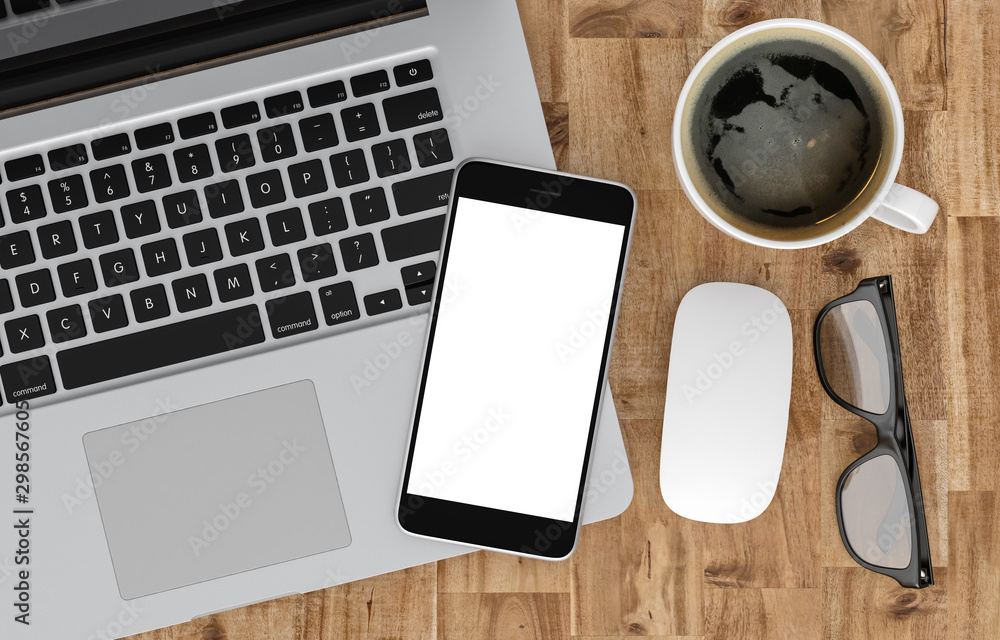 Smartphone with blank screen and laptop on wood office desk, 3d rendering Smartphone with blank screen and laptop on wood office desk, 3d rendering