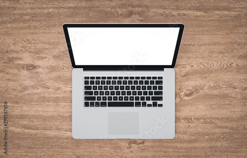 Laptop with blank screen on wooden table, 3d rendering