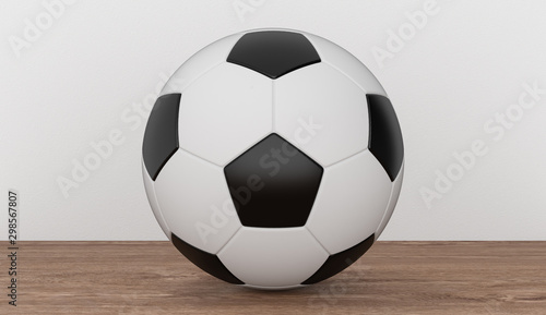 Soccer ball on wood floor and white cement background  3d rendering