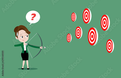 Businesswoman holding bow and arrow and confused with multiple targets, Cannot focus or choose target to shoot at